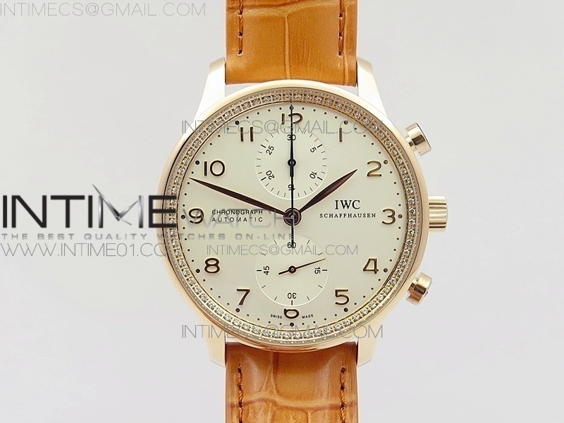 ZF공장 IWC 포르투기저 크로노그래프 PORTUGUESE IW3714 RG DIAMOND  WHITE DIAL RG NUMERAL ON HONEY BROWN LEATHER STRAP A79350 (SLIM MOVEMENT)