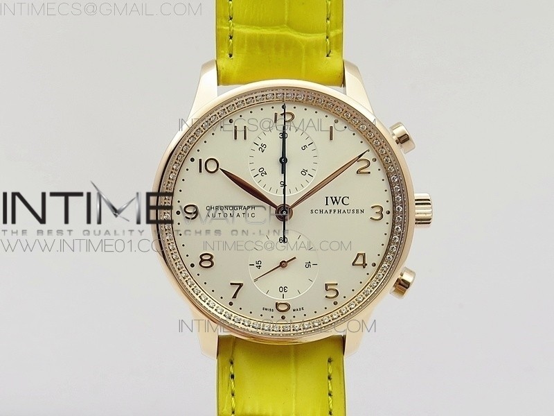 ZF공장 IWC 포르투기저 크로노그래프 PORTUGUESE IW3714 RG CASE DIAMOND WHITE DIAL RG NUMERAL ON YELLOW LEATHER STRAP A79350 (SLIM MOVEMENT)