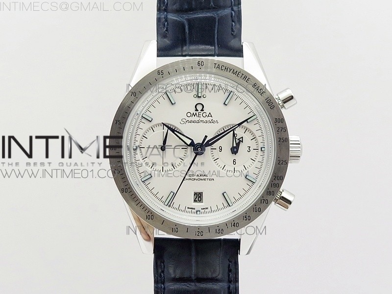 OM공장 오메가 스피드마스터57 스틸 화이트다이얼 블루핸즈 네이비가죽스트랩 SPEEDMASTER '57 CO-AXIAL  WHITE DIAL BLUE MARKERS ON BLUE LEATHER STRAP A9300 (FREE THE LEATHER STRAP)