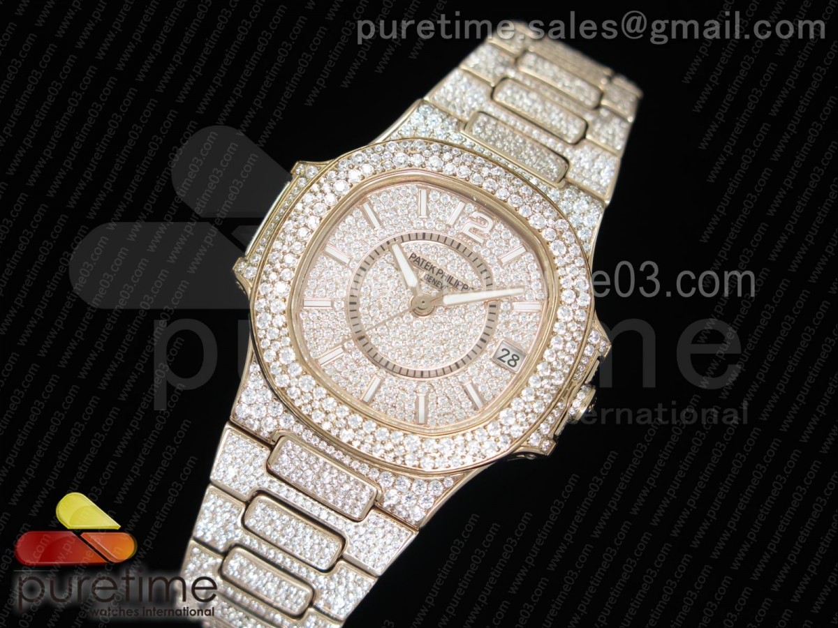 파텍필립 노틸러스 레이디 7021 로즈골드 풀다이아몬드 Nautilus Jumbo Ladies 7021 RG Full Paved Diamonds on Diamonds Plated RG Bracelet MIYOTA 9015