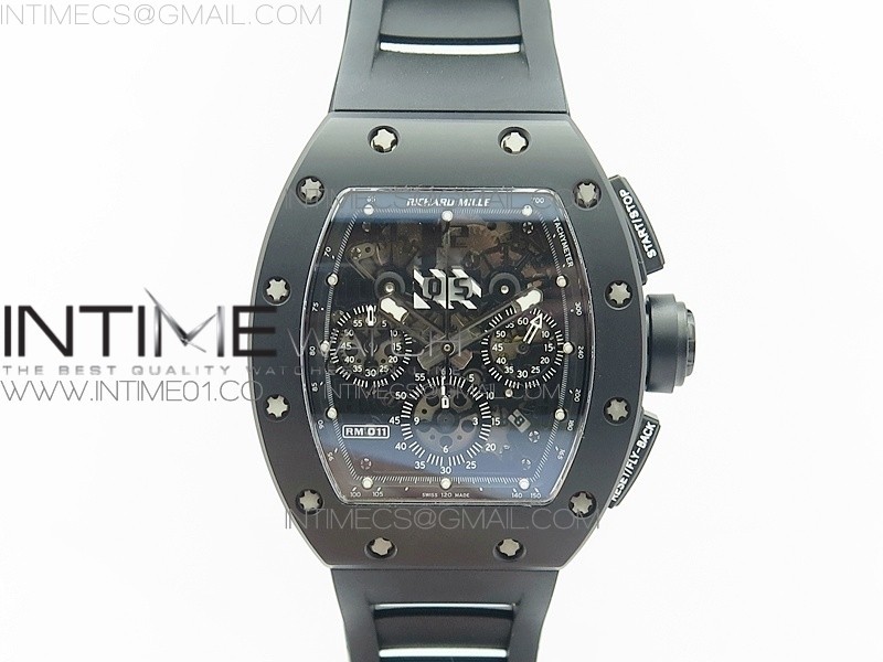 KU공장 리차드밀 RM011 풀세라믹 스켈레톤 크로노그래프 RM011 CERAMIC CHRONOGRAPH CRYSTAL SKELETON DIAL BLACK ON BLACK RUBBER STRAP A7750 KV공장