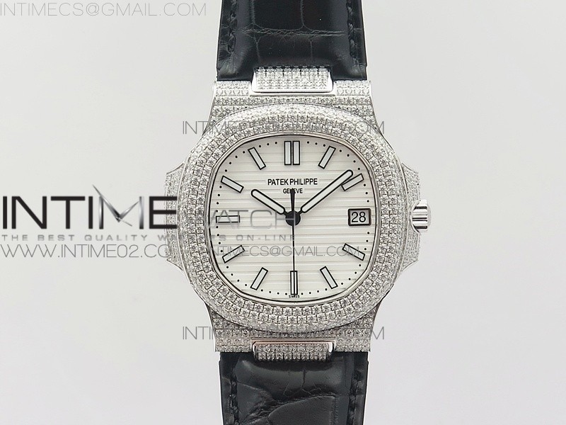 파텍필립 노틸러스 점보 5711 풀다이아몬드 화이트다이얼 악어가죽스트랩 NAUTILUS JUMBO 5711 SS FULL PAVED DIAMONDS WHITE DIAL CASE ON BLACK CROCO LEATHER STRAP A324