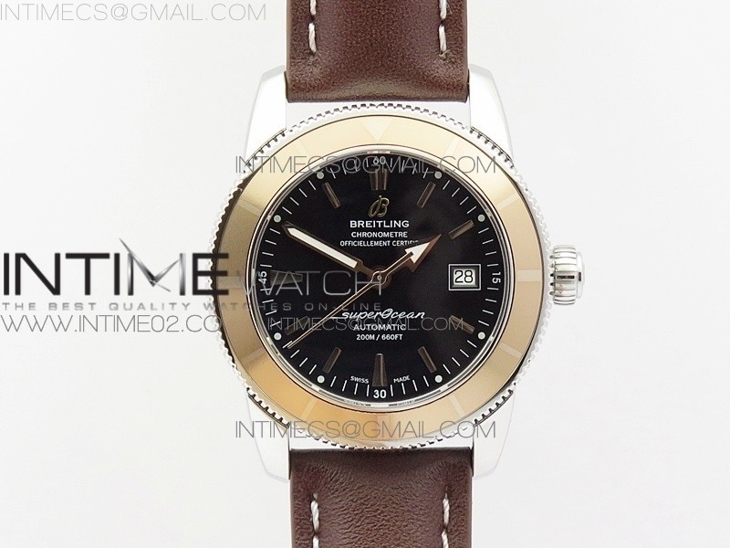 브라이틀링 슈퍼오션 스틸 샴페인골드베젤 블랙다이얼 가죽스트랩 SUPEROCEAN 42MM A17321 SS BLACK DIAL CHAMPAGNE GOLD BEZEL ON BROWN LEATHER STRAP ETA2824