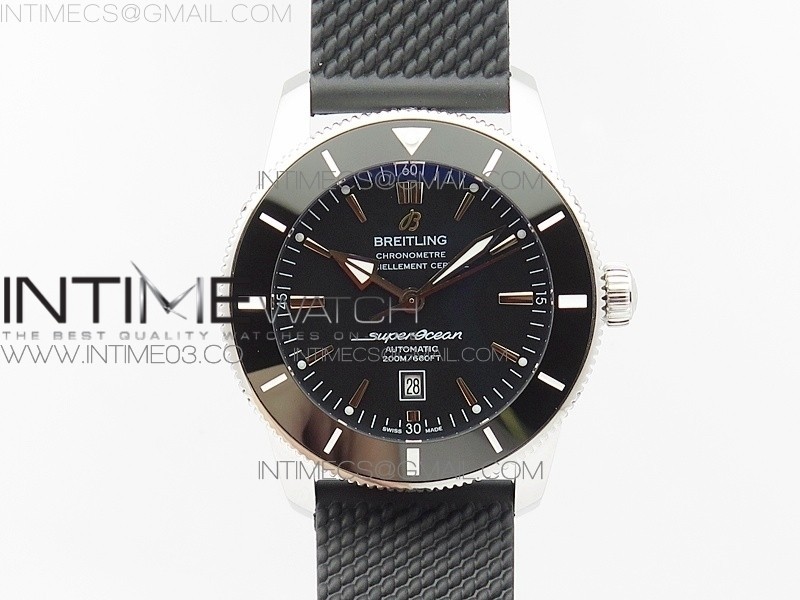 브라이틀링 슈퍼오션 헤리티지 스틸 블랙다이얼 블랙세라믹베젤 러버밴드 SUPER OCEAN HERITAGE BLACK CERAMIC BEZEL SS BLACK DIAL ON RUBBER STRAP A2824