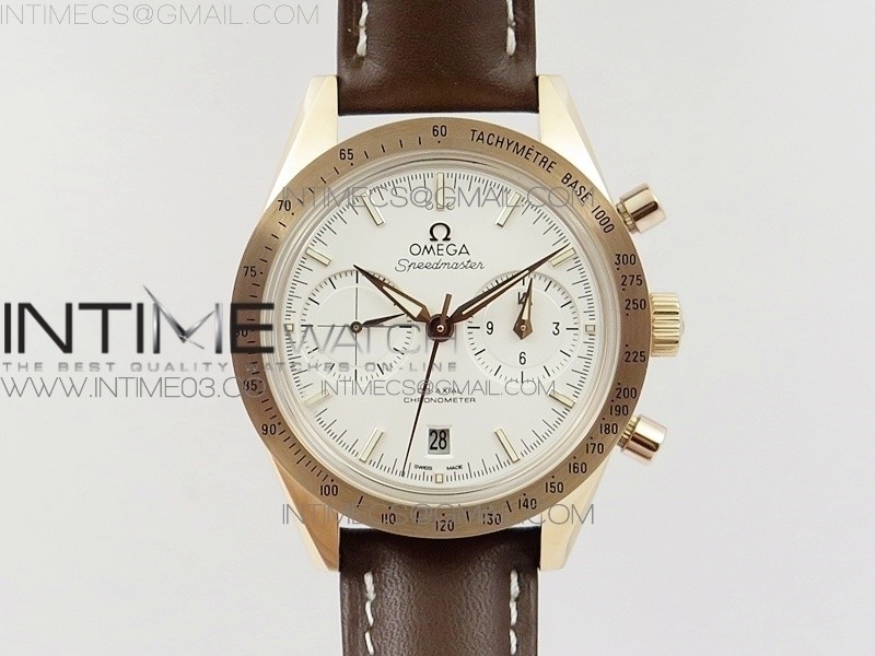 OM공장 오메가 스피드마스터57 코엑시얼 화이트다이얼 로즈골드금장 가죽스트랩 SPEEDMASTER '57 CO-AXIAL RG WHITE DIAL WHITE MARKERS ON BROWN LEATHER STRAP A9300 (FREE LEATHER STRAP)