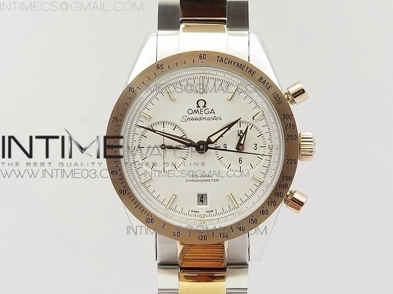 OM공장 오메가 스피드마스터57 코엑시얼 화이트다이얼 로즈골드콤비 브레이슬릿 SPEEDMASTER '57 CO-AXIAL RG/SS WHITE DIAL WHITE MARKERS ON RG/SS BRACELET A9300 (FREE LEATHER STRAP)