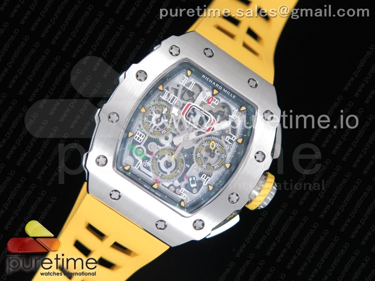 KV공장 리차드밀 RM11-03 스틸 크리스탈스켈레톤다이얼 옐로우레이싱러버스트랩  RM11-03 SS Crystal Skeleton Dial on Yellow Racing Rubber Strap A7750