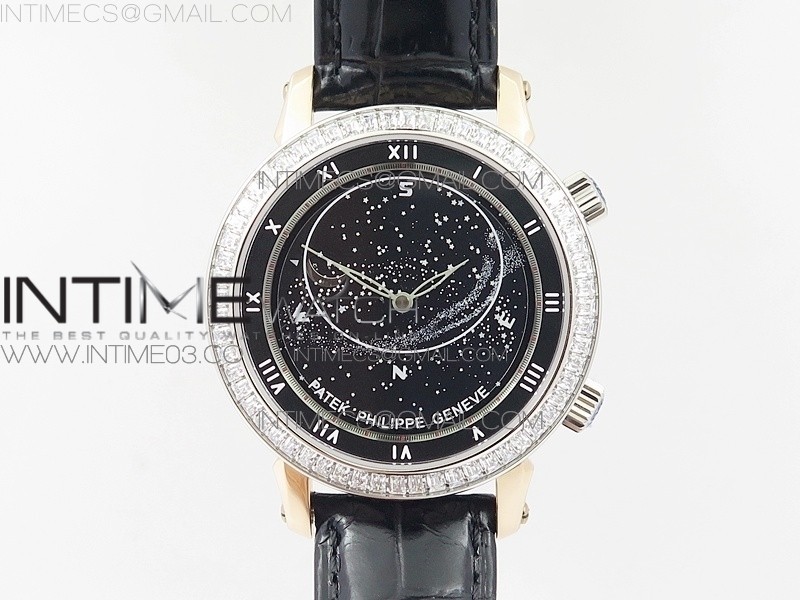 TW공장 파텍필립 6104P 문 로즈골드금장 블랙다이얼 다이아몬드베젤 가죽스트랩 6104P MOON RG BLACK DIAL DIAMOND BEZEL ON BLACK LEATHER STRAP A240 V2