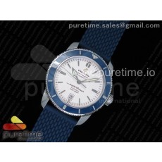 OM공장 브라이틀링 슈퍼오션 헤리티지2 스틸 화이트다이얼 블루베젤 러버스트랩 SuperOcean Heritage ii 42mm SS White Dial Blue Bezel on Blue Rubber Strap A2824 (Free Rubber Strap)