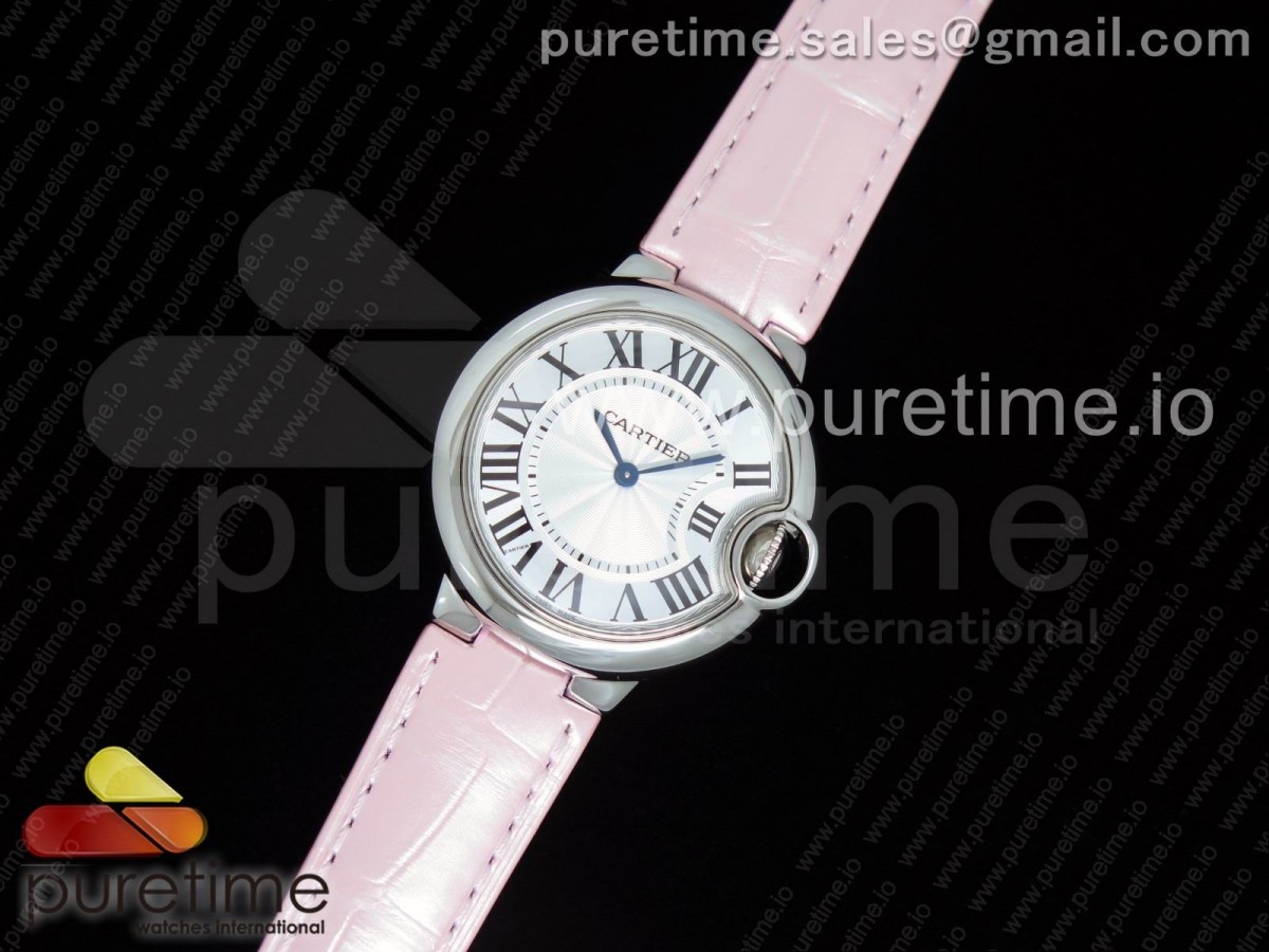 AF공장 까르띠에 발롱블루 33MM 스틸 핑크크로커다일스트랩 Ballon Bleu 33mm SS White Textured Dial on Pink Crocodile Strap Jap Quartz