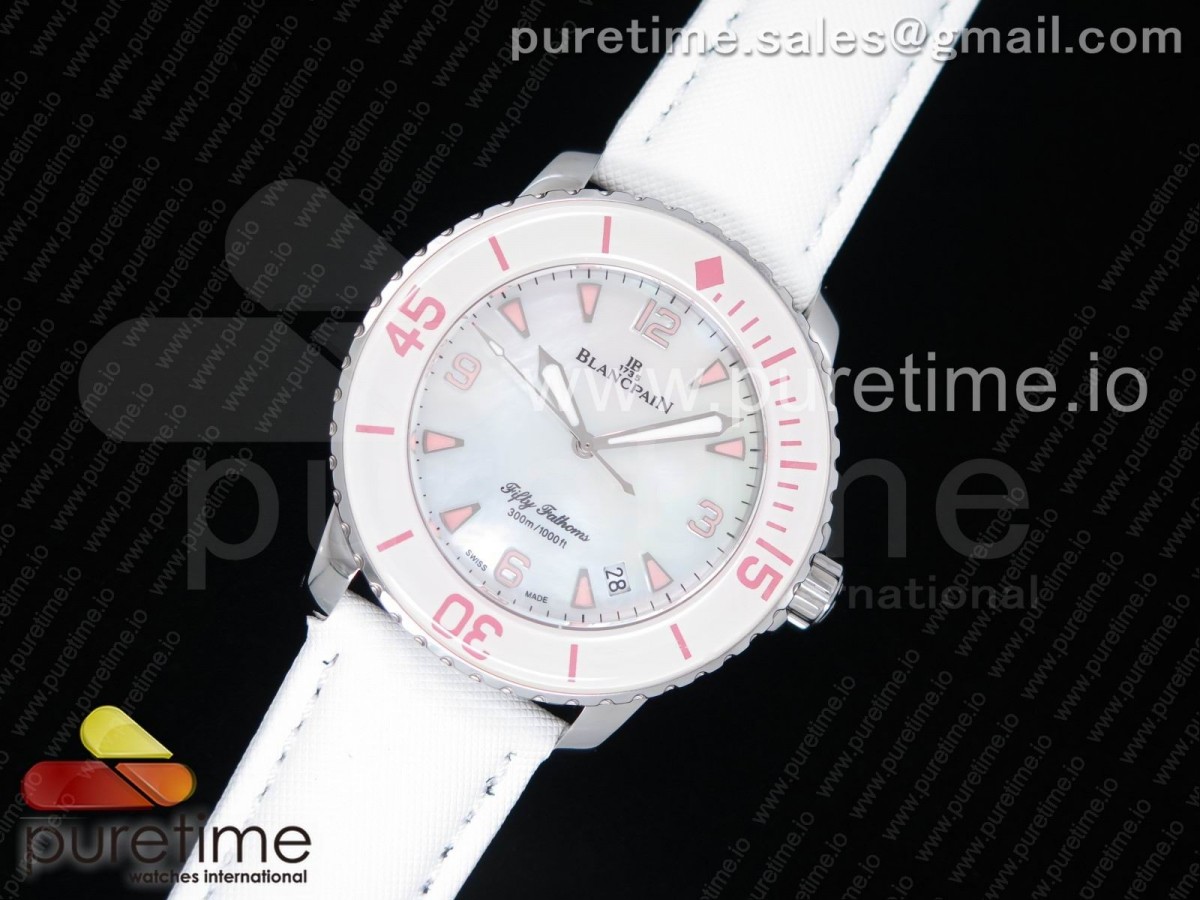 WT공장 블랑팡 피프티패덤즈 화이트앤핑크 화이트다이얼 화이트캔버스스트랩 Fifty Fathoms White/Pink White Dial on White Sail-canvas Strap A1315