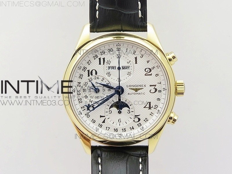 GS공장 론진 마스터컬렉션 문페이즈 옐로우골드금장 화이트다이얼 가죽스트랩 MASTER MOONPHASE CHRONOGRAPH YG WHITE DIAL ON BROWN LEATHER STRAP A7751