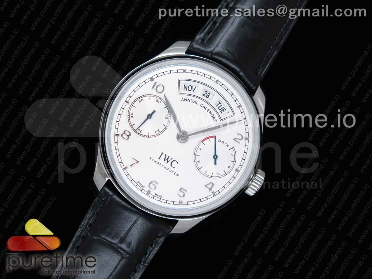 YL공장 V2 IWC 포르투기저 애뉴얼캘린더 스틸 화이트다이얼 블루핸즈 가죽스트랩  IWC Portuguese Real PR Real Annual Calendar IW5035 White Dial SS Markers on Black Leather Strap A52850 V2