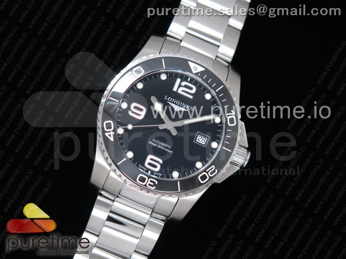 ZF공장 론진 하이드로콘퀘스트 스틸 블랙다이얼 브레이슬릿 Conquest L3.840.4.56.6 Real Ceramic Bezel SS Black Dial on SS Bracelet A2824