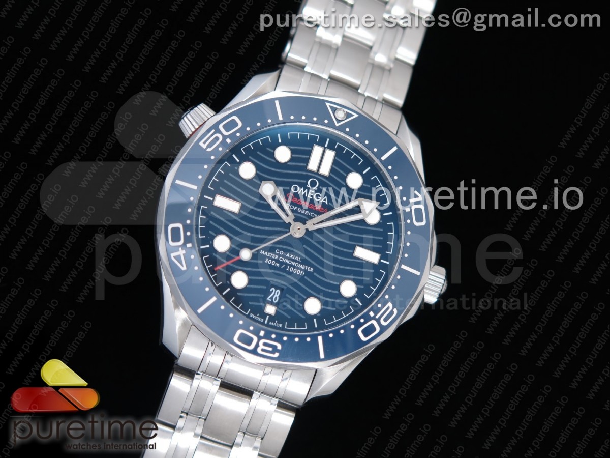 OM공장 오메가 씨마스터 다이버300 스틸 블루물결텍스쳐다이얼 브레이슬릿  2018 Seamaster Diver 300M Blue Ceramic Blue Dial on SS Bracelet A8800 (Black Balance Wheel)