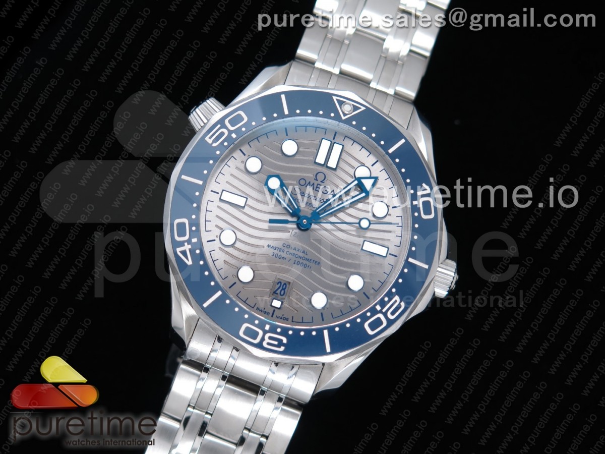 OM공장 오메가 씨마스터 다이버300 스틸 그레이물결텍스쳐다이얼 브레이슬릿  2018 Seamaster Diver 300M Blue Ceramic Gray Dial on SS Bracelet A8800 (Black Balance Wheel)