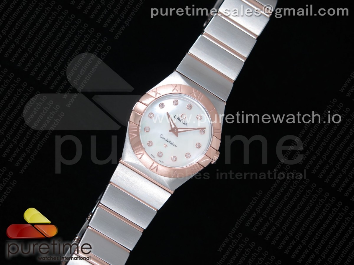 K11공장 오메가 컨스텔레이션 27MM 로골 자개다이얼 브레이슬릿 Constellation Ladies 27mm SS/RG White MOP Dial Diamonds Markers on SS/RG Bracelet ETA Quartz