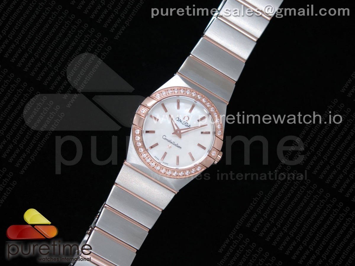 K11공장 오메가 컨스텔레이션 27MM 로골 자개다이얼 브레이슬릿 Constellation Ladies 27mm SS/RG Diamonds Bezel White MOP Dial Stick Markers on SS/RG Bracelet ETA Quartz