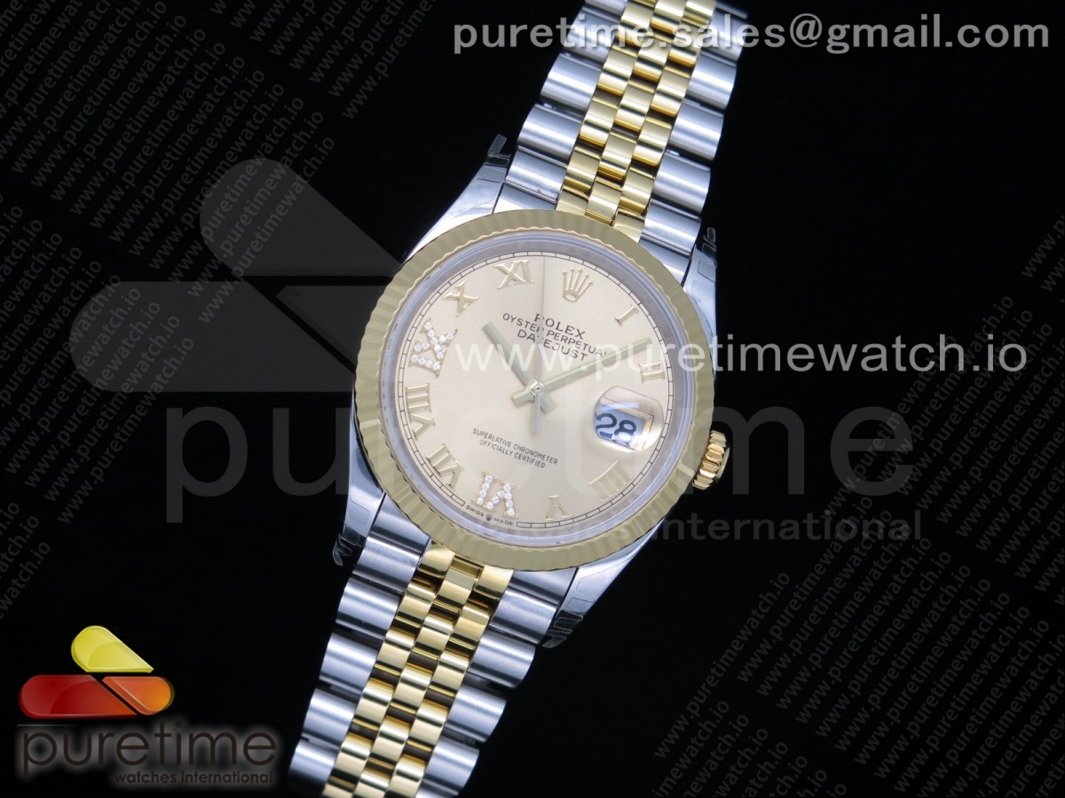 EW공장 롤렉스 데이저스트 36 옐로우골드콤비 샴페인다이얼 쥬빌레브레이슬릿 DateJust 36 SS/YG 126233 Gold Dial Roman Markers on Jubilee Bracelet A3235