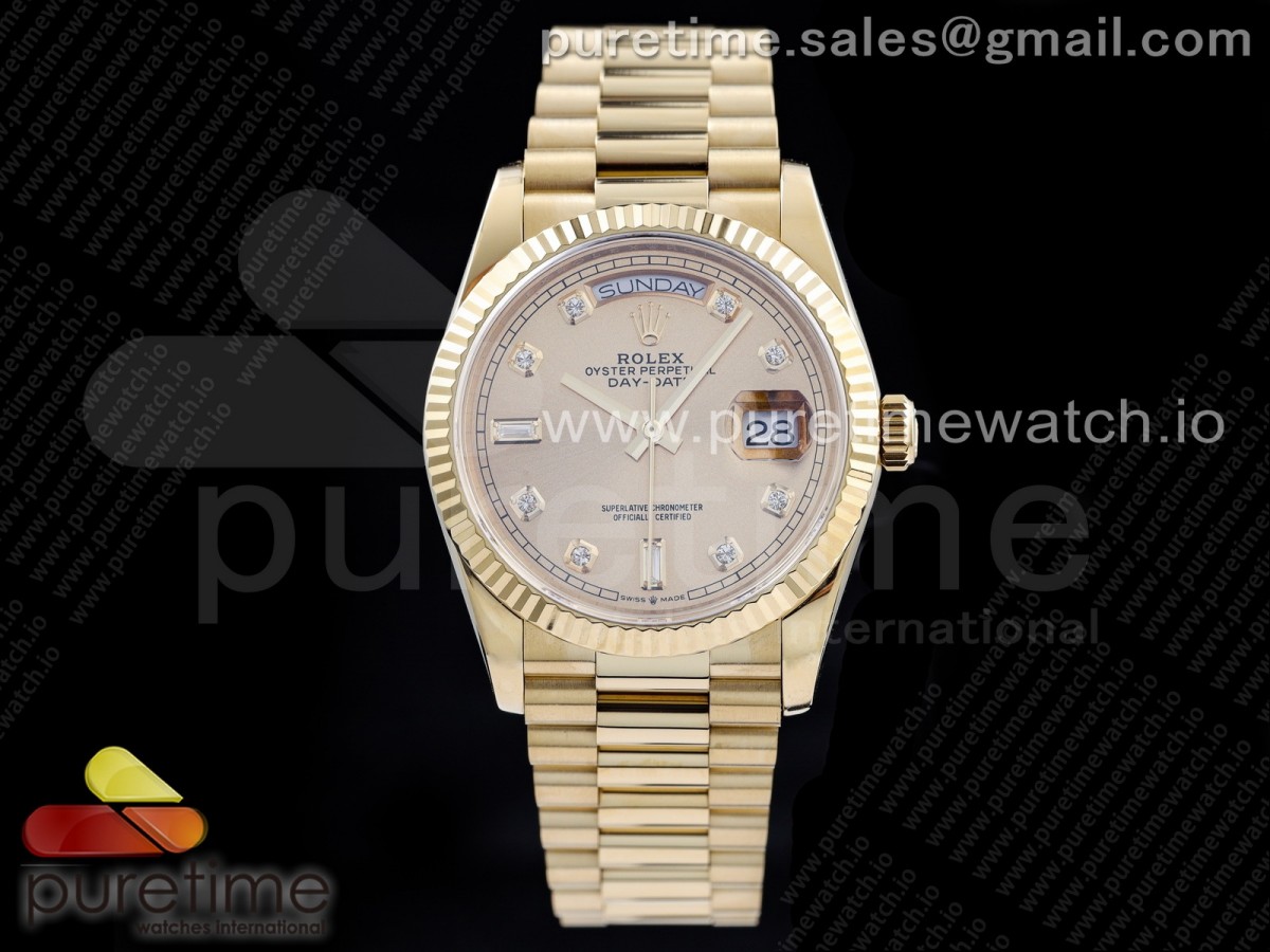 EW공장 데이데이트 36 옐로우골드 금통 샴페인다이얼 브레이슬릿 Day-Date 36 YG 128238 Gold Dial Diamonds Markers on President Bracelet A2836