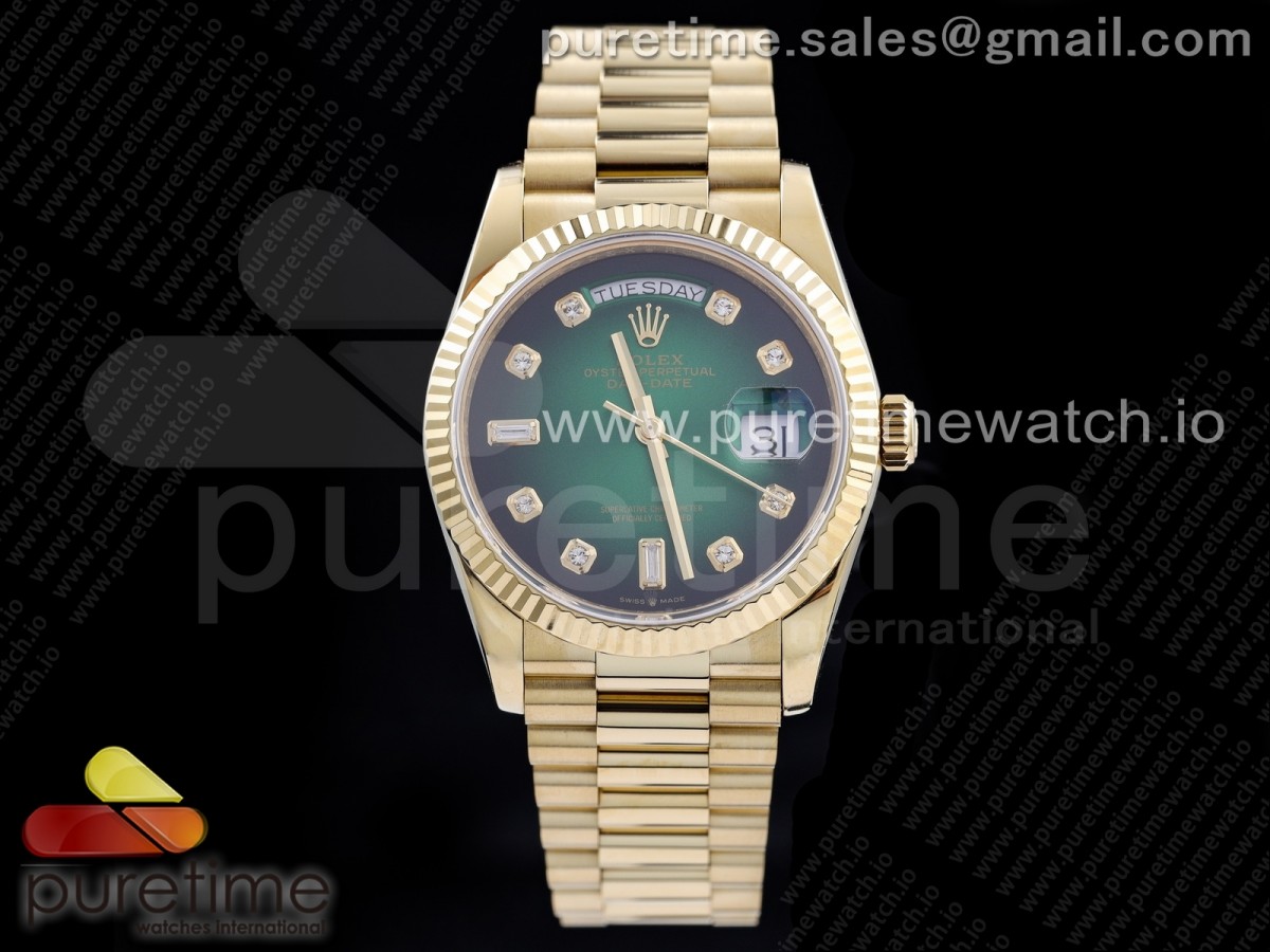 EW공장 데이데이트 36 옐로우골드 금통 그린다이얼 브레이슬릿 Day-Date 36 YG 128238 Green Dial Diamonds Markers on President Bracelet A2836