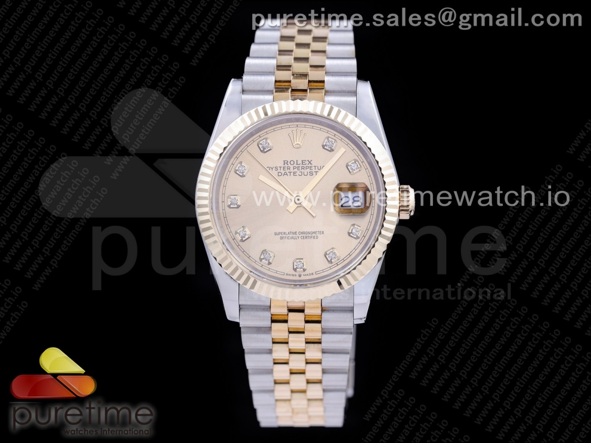 GM공장 롤렉스 데이저스트 36 옐로우골드콤비 포금 샴페인다이얼 브레이슬릿 DateJust 36 SS/YG 126233 GMF Gold Wrapped 904L Steel Gold Dial Diamonds Markers on Jubilee Bracelet SA3235