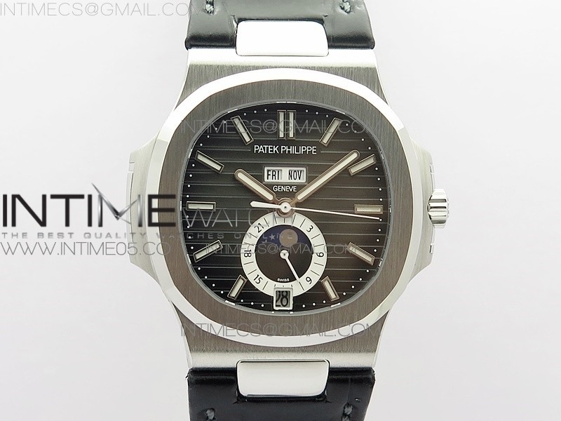 GR공장 V2 노틸러스 애뉴얼캘린더 그레이다이얼 가죽스트랩 NAUTILUS 5726 SS GRF 1:1 BEST EDITION GRAY DIAL WORKING ANNUAL CALENDARON BLACK LEATHER STARP A.324 V2