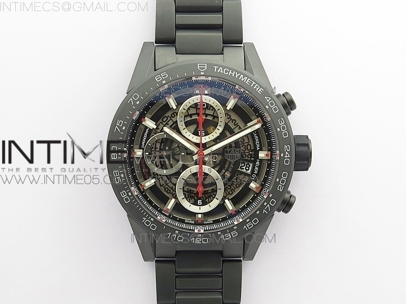 XF공장 칼리버호이어 세라믹 43MM 스켈레톤다이얼 Calibre Heuer 01 Chrono 43mm Ceramic XF 1:1 Best Edition Skeleton Dial (Red Second Hand) on Ceramic Bracelet A1887