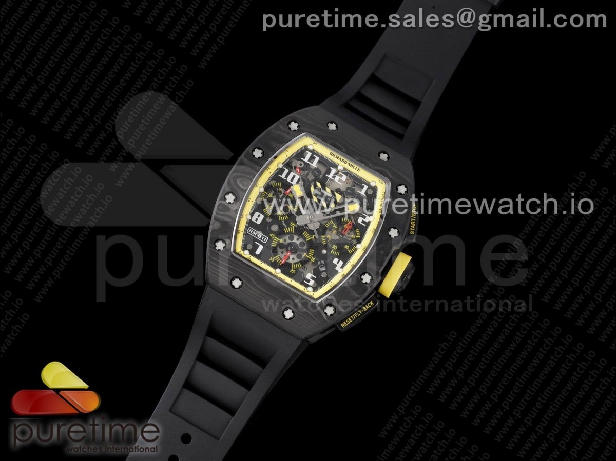 KU공장 RM011 카본 스켈레톤다이얼 러버 RM011 NTPT Carbon Chrono Crystal Skeleton Dial Yellow Inner Bezel on Black Rubber Strap A7750