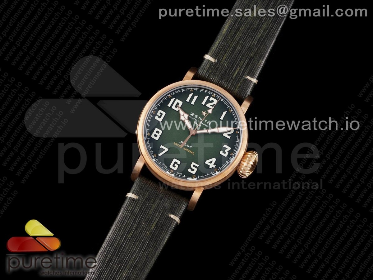 XF공장 파일럿 브론즈 45MM 그린다이얼 Pilot Type 20 Extra Special Bronze XF 1:1 Best Edition Green Dial on Green Leather Strap A2824