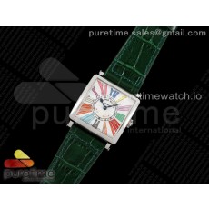 ZF공장 마스터스퀘어 화이트다이얼 가죽스트랩 Master Square SS Ladies ZF 1:1 Best Edition White Colorful Roman Dial on Green Leather Strap Ronda Quartz