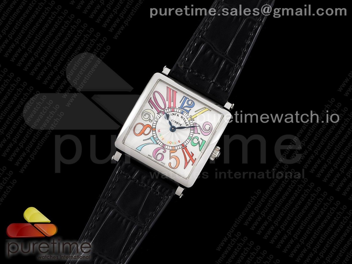 ZF공장 프랭크뮬러 마스터스퀘어 화이트다이얼 가죽스트랩 Master Square SS Ladies ZF 1:1 Best Edition White Colorful Arabic Dial on Black Leather Strap Ronda Quartz