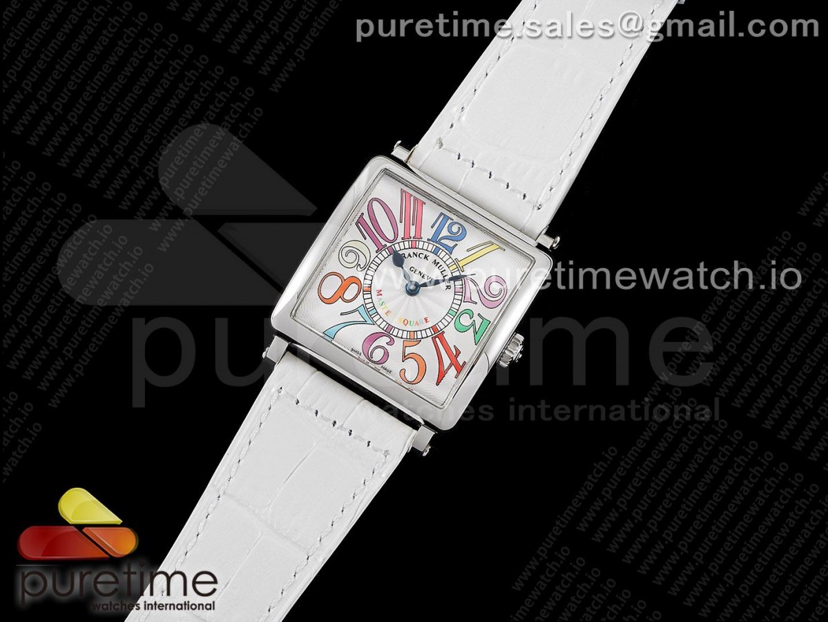 ZF공장 프랭크뮬러 마스터스퀘어 화이트다이얼 가죽스트랩 Master Square SS Ladies ZF 1:1 Best Edition White Colorful Arabic Dial on White Leather Strap Ronda Quartz