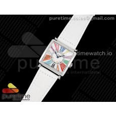 ZF공장 마스터스퀘어 화이트다이얼 가죽스트랩 Master Square SS Ladies ZF 1:1 Best Edition White Colorful Roman Dial on White Leather Strap Ronda Quartz