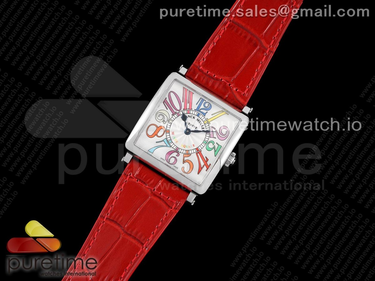 ZF공장 프랭크뮬러 마스터스퀘어 화이트다이얼 가죽스트랩 Master Square SS Ladies ZF 1:1 Best Edition White Colorful Arabic Dial on Red Leather Strap Ronda Quartz