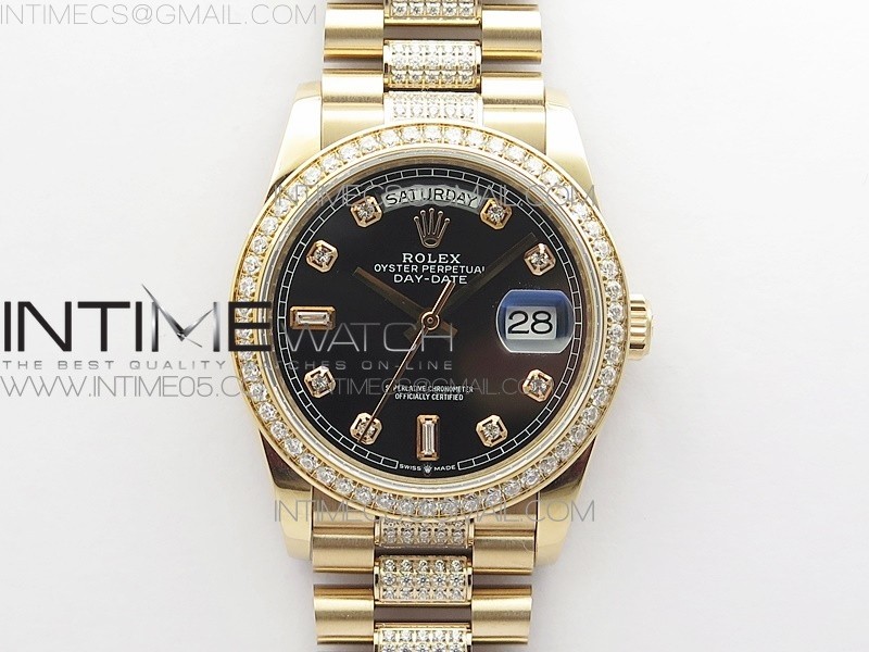 BP공장 롤렉스 데이데이트 36미리 로골 블랙다이얼 2836 Day-Date 36 128235 RG/Crystal BP Best Edition Black Crystal Marker Dial on RG President Bracelet A2836