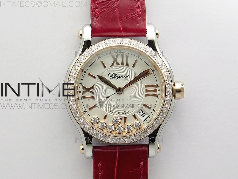 YY공장 해피스포츠 36미리 로즈골드콤비 화이트다이얼 가죽스트랩 HAPPY SPORT AUTOMATIC SS/RG 36MM CRYSTAL YYF 1:1 BEST EDITION WHITE DIAL ON RED LEATHER STRAP A2892