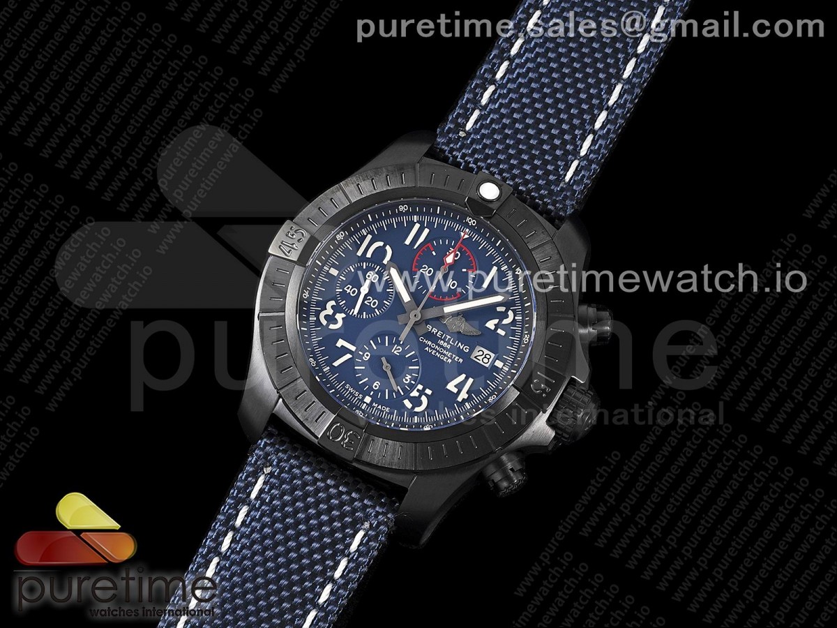 TF공장 브라이틀링 어벤져 크로노그래프 PVD블랙 블루다이얼 직물스트랩 Avenger Chrono PVD Titanium TF 1:1 Best Edition Blue Dial on Blue Nylon Strap A7750