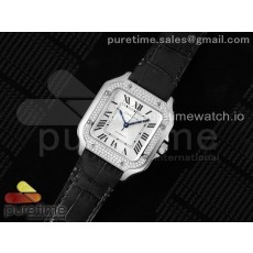 3K공장 까르띠에 산토스 미디움 35 스틸 다이아몬드베젤 화이트다이얼 가죽스트랩 Santos de Cartier 35mm 3KF 1:1 Best Edition White Dial Diamonds Bezel on Black Leather Strap MIYOTA 9015