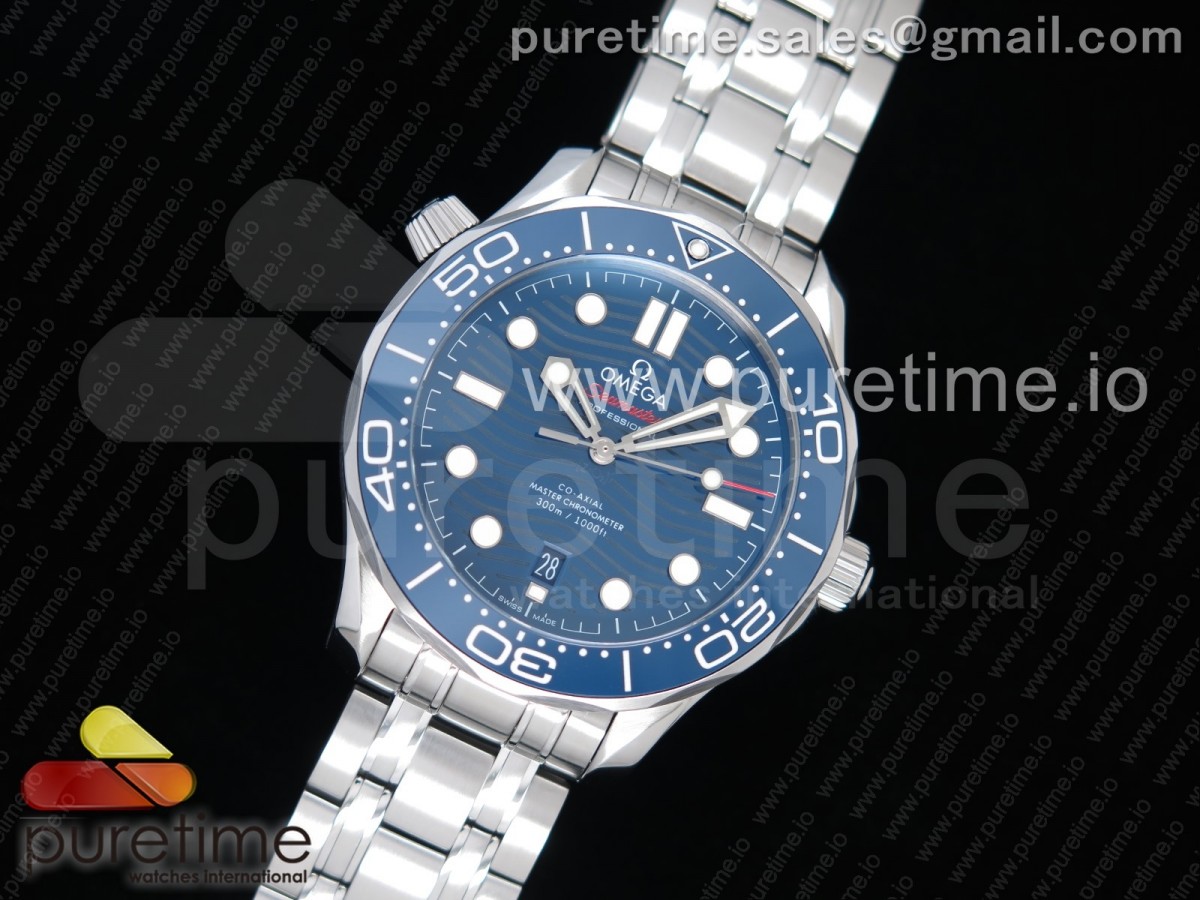 VS공장 오메가 씨마스터 다이버 300M 스틸 블루다이얼 브레이슬릿 2018 Seamaster Diver 300M VSF 1:1 Best Edition Blue Ceramic Blue Dial on SS Bracelet A8800 V2 (Black Balance Wheel)