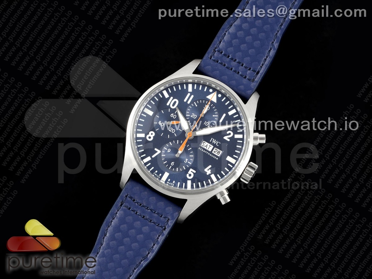 AZ공장 IWC 파일럿 크로노그래프 스틸 블루다이얼 오렌지핸즈 블루가죽스트랩 Pilot Chrono SS AZF 1:1 Best Edition Blue Dial Orange Hand on Blue Leather Strap A7750