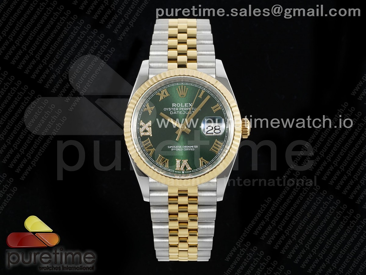 AP공장 롤렉스 데이저스트 36 옐로우골드콤비 그린다이얼 로만인덱스 브레이슬릿 DateJust 36 126233 APF 1:1 Best Edition 904L Steel Green Diamond Roman Dial on Jubilee Bracelet VR3235